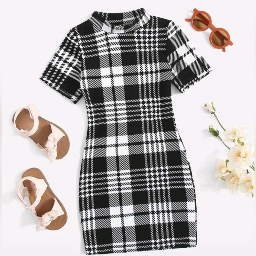 Retro Black‎ & White Plaid Bodycon Knit Jersey Style Girls Dress Size 6